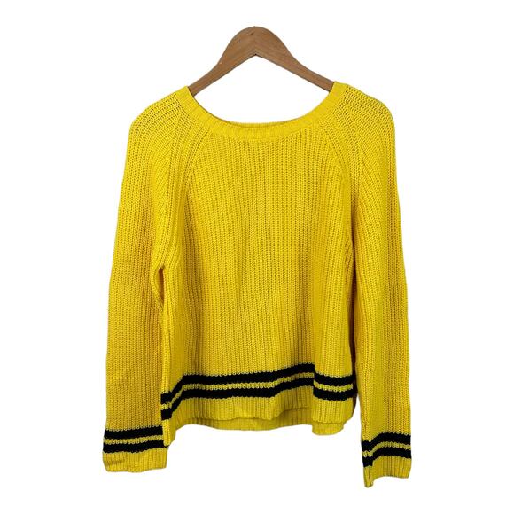 Workshop Yellow Varsity Sweater Navy Blue Stripe Ribbed Pullover Boxy XL College - Picture 1 of 5